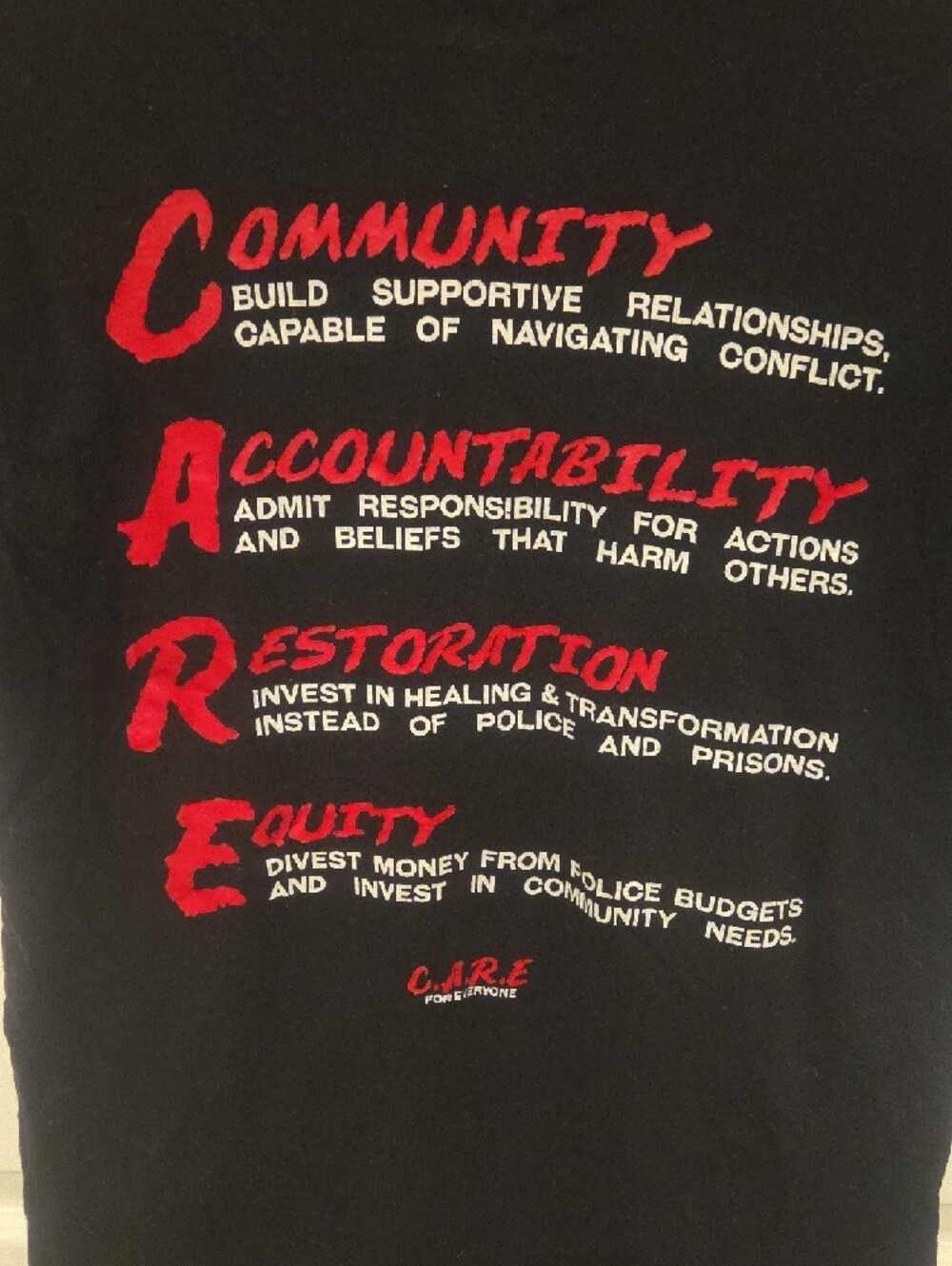 For Everyone Collective C.A.R.E. Defund Police Black Graphic Tee Size SMALL - Picture 5 of 7